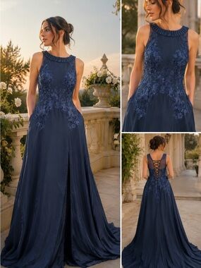 Midnight Navy Lace-Appliqué Prom Gown with Beaded Illusion Neckline